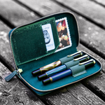 Galen Leather - Leather Zippered 3 Slots Pen Case - Crazy Horse Forest Green