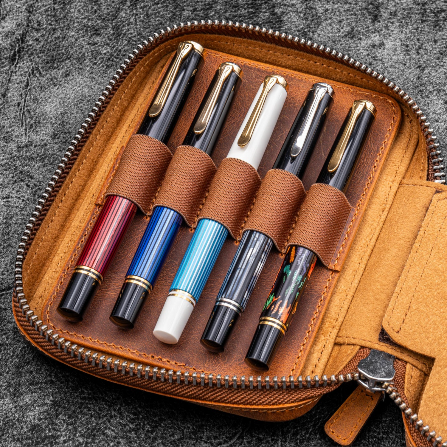 Galen Leather - Expansi-Pouch Leather Wide 10 Slots Pencase - A6 Zip Folio - C.H. Brown