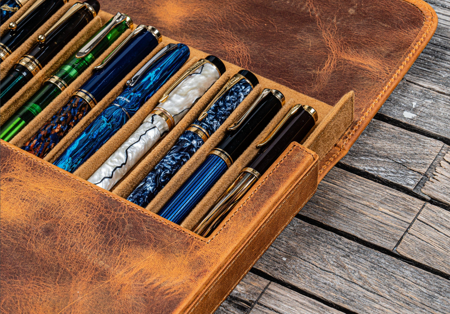 Galen Leather - Magnum Opus 12 Slots Hard Pen Case with Removable Pen Tray - Crazy Horse Brown