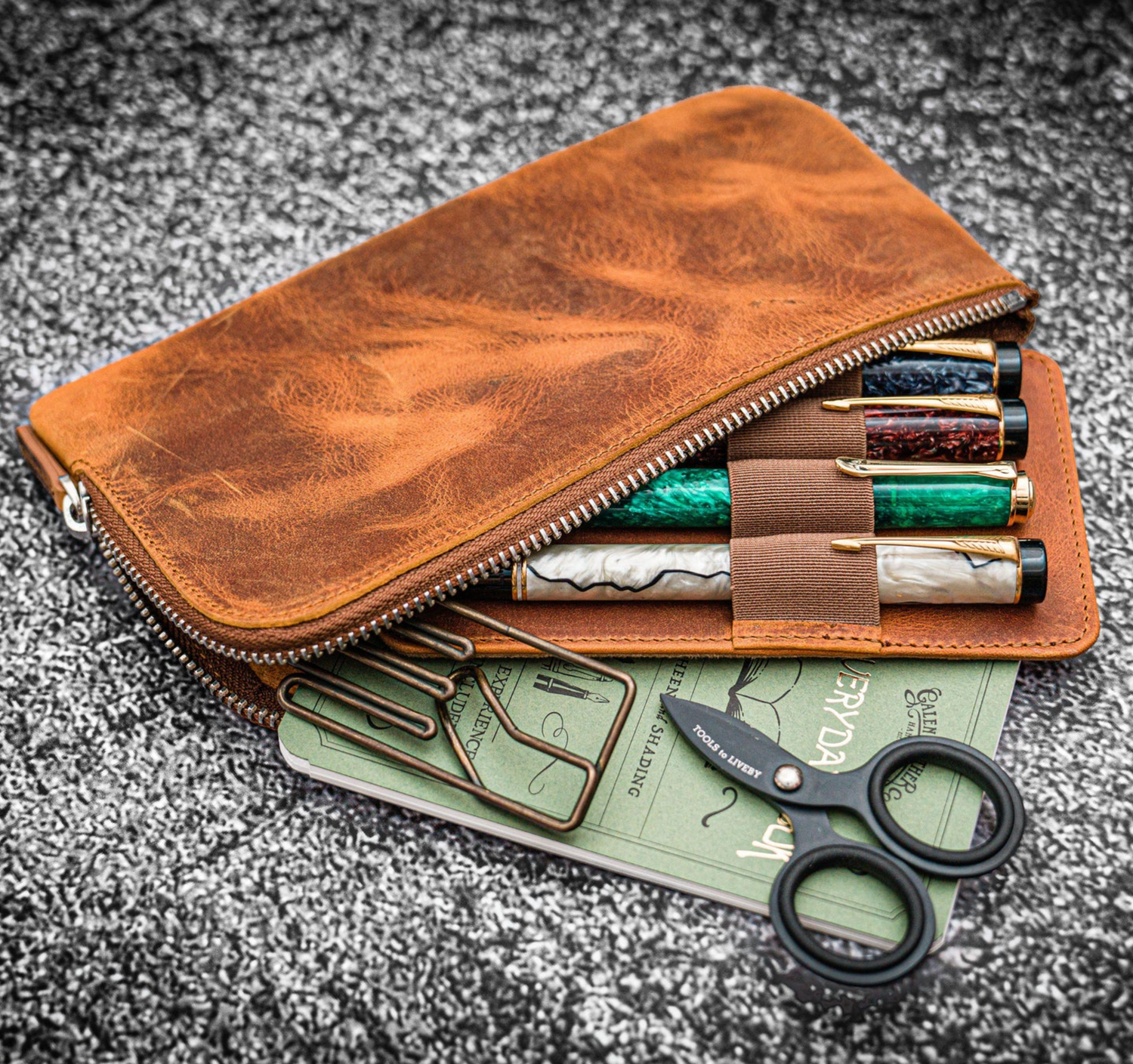 Galen Leather - Slip-N-Zip 4 Slots Zippered Pen Pouch - Crazy Horse Brown