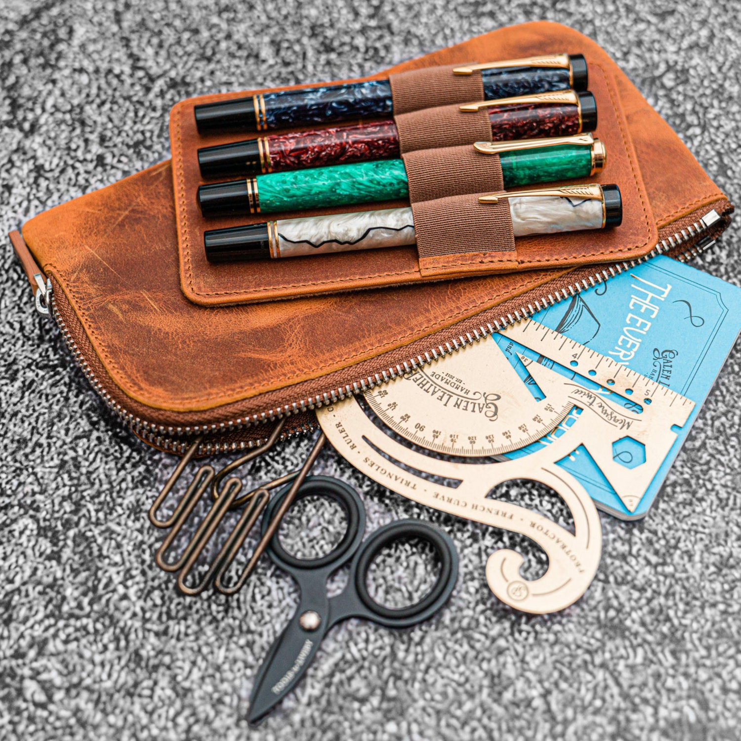 Galen Leather - Slip-N-Zip 4 Slots Zippered Pen Pouch - Crazy Horse Brown