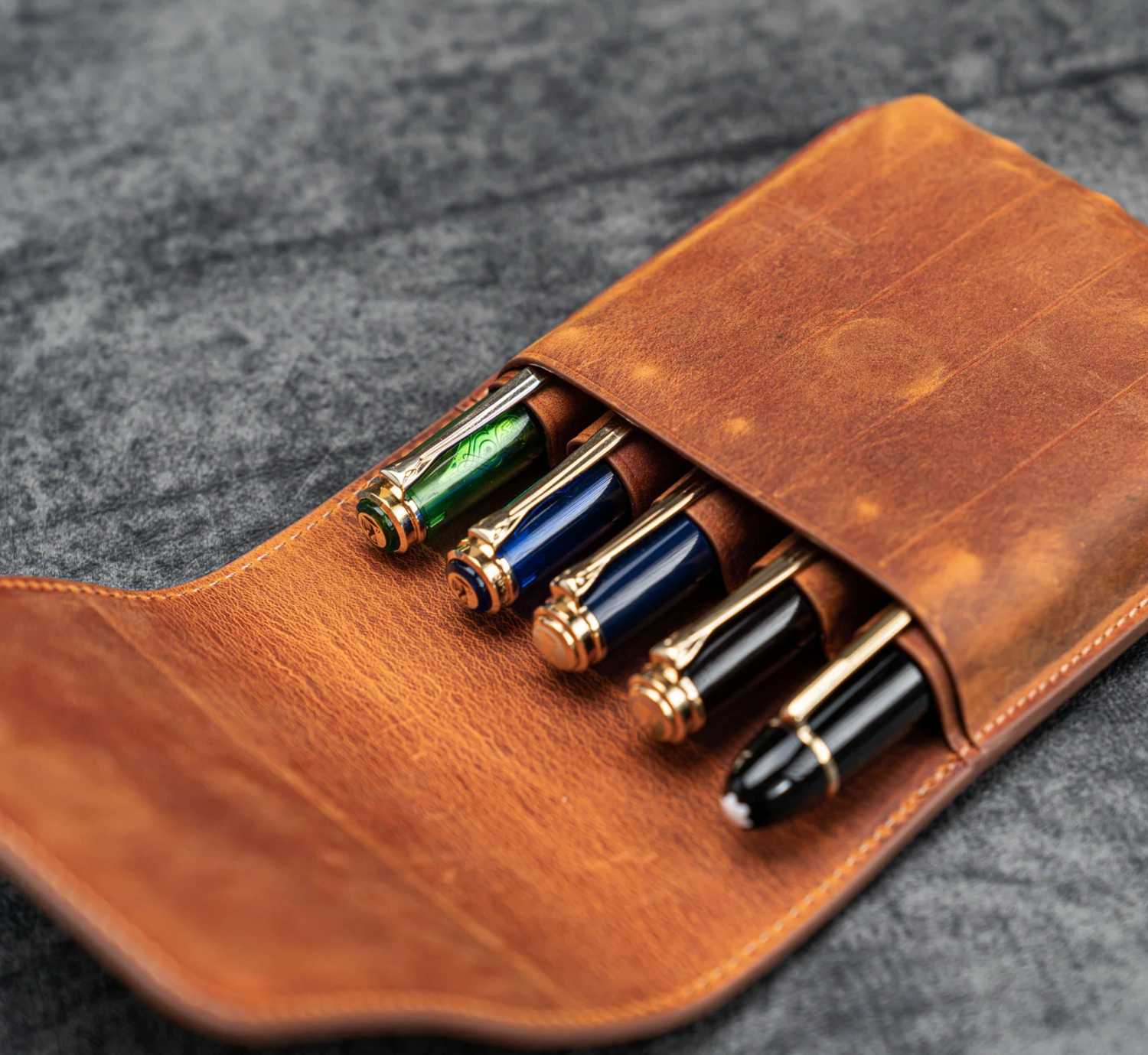 Galen Leather - Leather Flap Pen Case - 5 Pens - Crazy Horse Brown