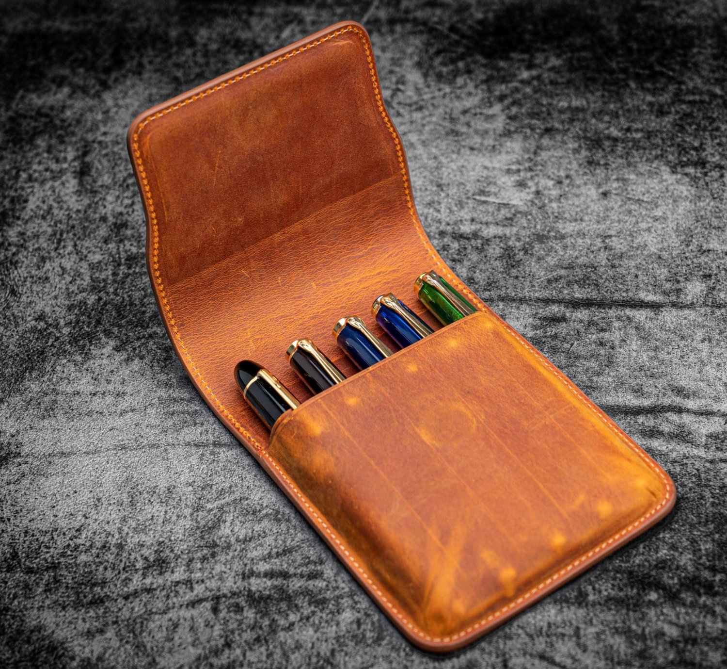 Galen Leather - Leather Flap Pen Case - 5 Pens - Crazy Horse Brown