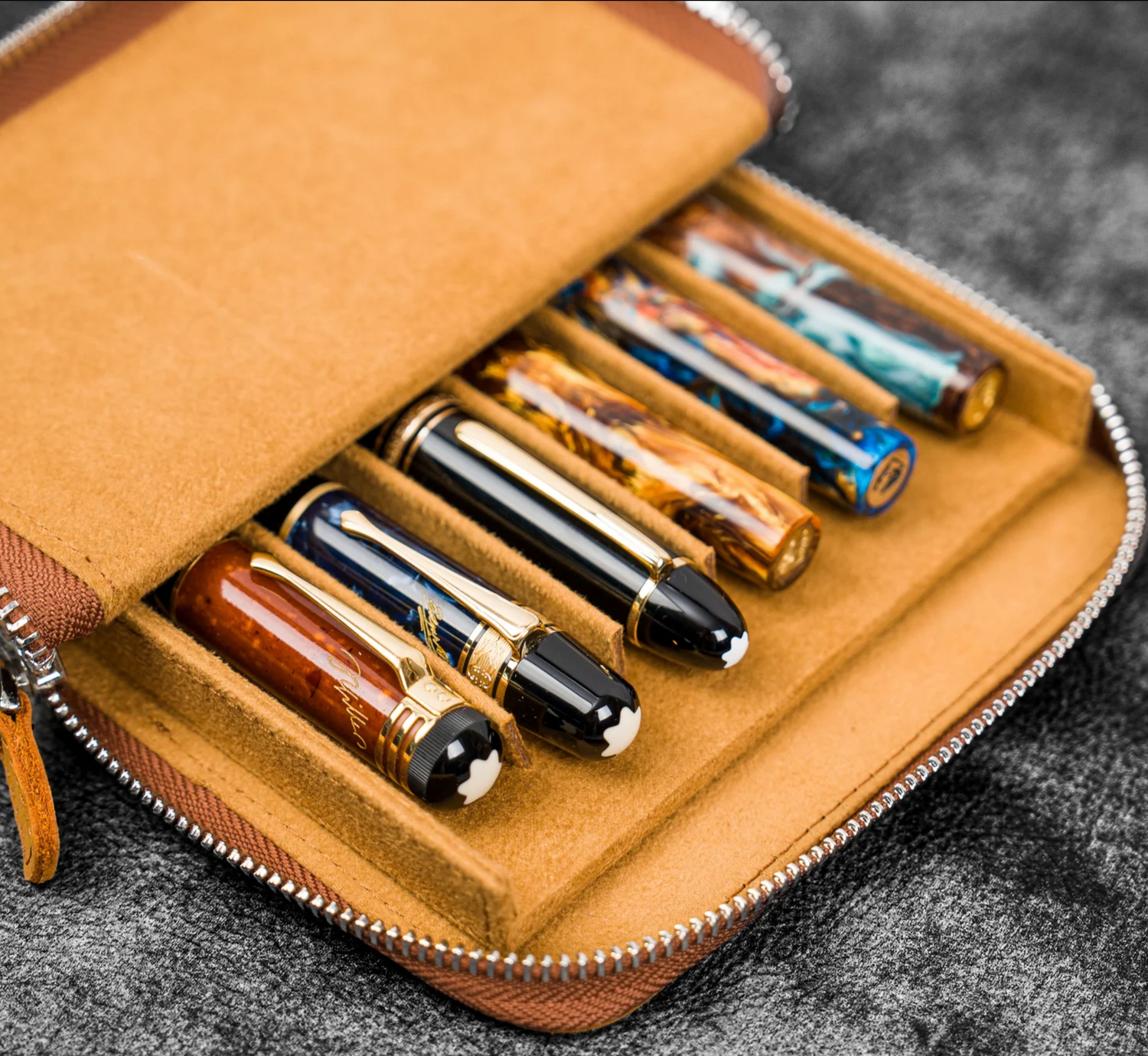 Galen Leather - Leather Zippered Magnus Opus 6 Slots Hard Pen Case with Removable Pen Tray - Crazy Horse Brown