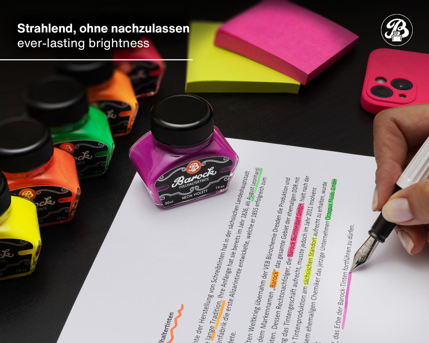 Octopus - Barock Fluoreszierende Tinte für Füller und Schreibfedern - Neon Pink - 30 ml
